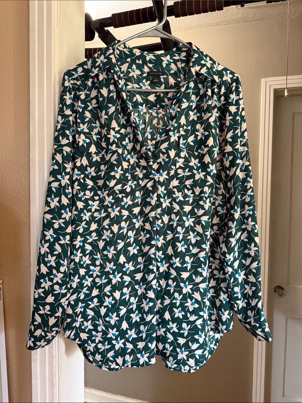 Ann Taylor Teal Green Floral Button-Down Shirt
